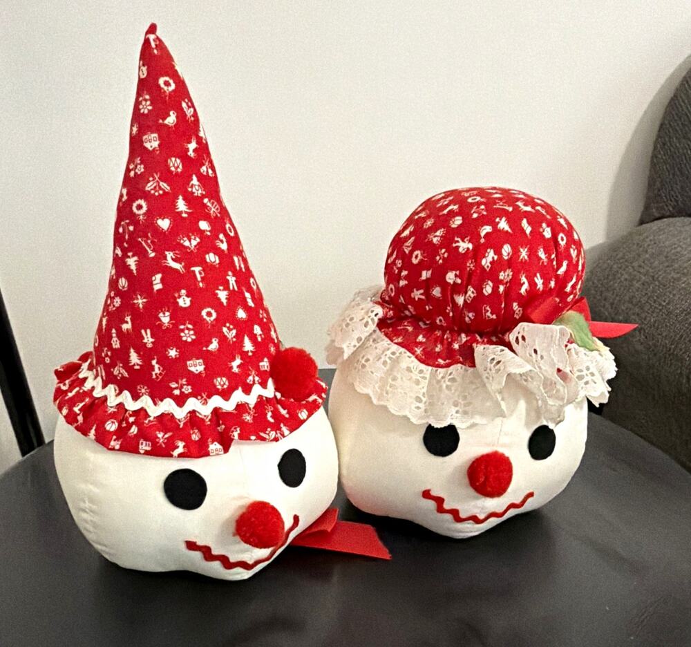 Set of 2 Christmas Snowman Fabric Figurines, Freestanding Decor, Red White Black
